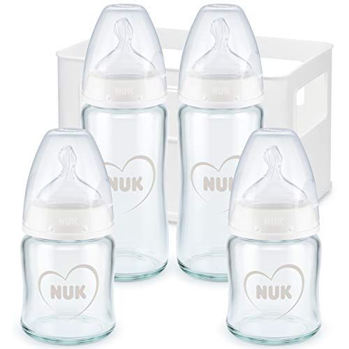 NUK First Choice+ kit de biberones de iniciación de cristal, 0-6 meses, 4 biberones anticólico y una cesta para biberones, Sin BPA, Gris y blanco, 4 unidades.