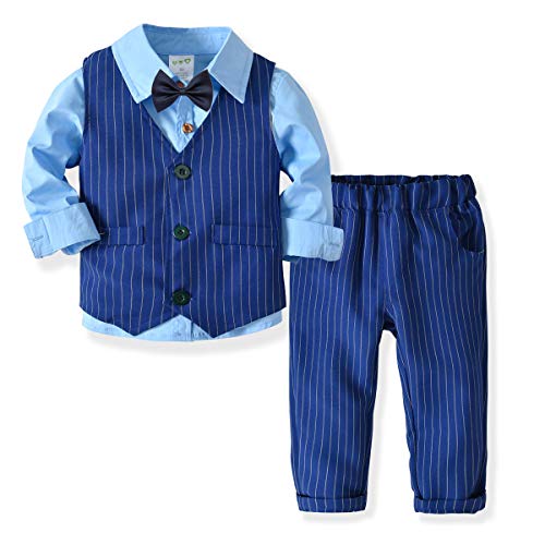 ZOEREA 3 Piezas Trajes de Bebés Niños Chaleco + Camisa con Pajarita + Pantalones Niño Caballeros Bautismo Boda Bautizo Patrón de Rayas Azules Conjuntos de Ropa Azul, Etiqueta 90