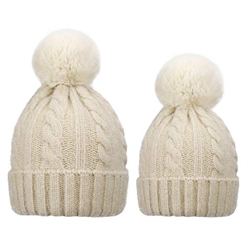Sombreros de Punto Pompom para Madre y Bebé, 2PCS Gorro Beanie Suave Piel Sintética Pom Hairball de Invierno de Esquí para Padres e Hijos