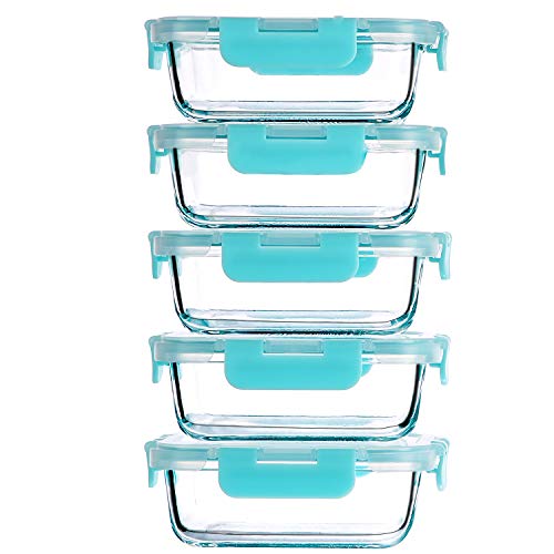 CREST Set de 5 Recipientes de cristal para alimentos, 1040 ml, Apto para lavavajilla, microondas, congelador