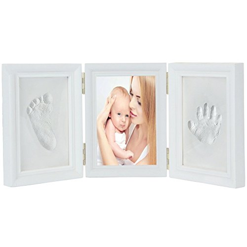 JZK Precioso kit marco huella manos y pies bebé recuerdo fotográfico huellas bebé no tóxico seguro arcilla premium y marcos madera para niño y niña perfecto bautismo baby shower regalo