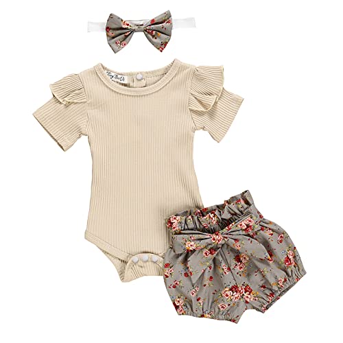 Borlai 3 trajes de verano para bebés y niñas, mameluco + pantalones cortos florales + diadema para 0-24 meses, Caqui + Gris, 6-12 Meses