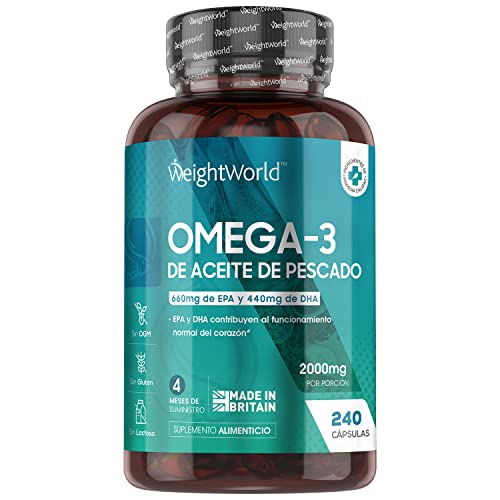Omega 3 Cápsulas de Alta Dosis 2000mg, Aceite de Pescado Puro 240 Cápsulas - 660 mg de EPA + 440 mg DHA, 4 Meses de Suministro de Perlas de Omega 3, Ácidos Grasos Omega 3 EPA y DHA de Alta Absorción