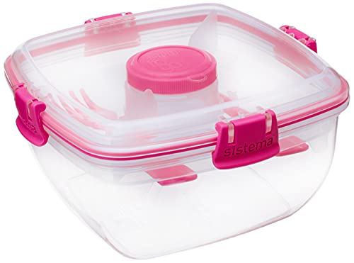 Sistema Salad TO GO | Recipiente para guardar alimentos con compartimentos individuales, cubiertos y compartimento para aderezos | 1,1 l | Sin BPA | Rosa