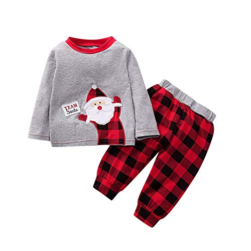 Fossen Kids Trajes Bebé Niños Niñas Navidad Pijamas - Jersey de Impresión de Santa Claus + Pantalones a Cuadros Conjunto de 2 Piezas