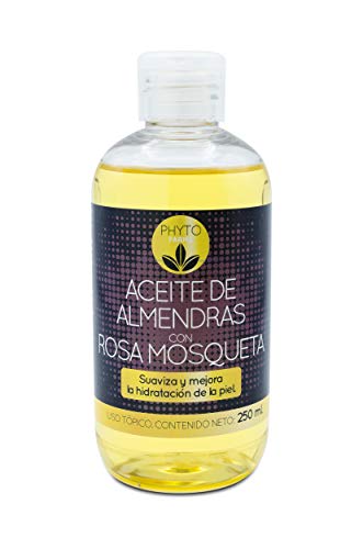 PHYTOFARMA Aceite de Almendras Dulces con Rosa Mosqueta - 100% Puro, Natural, Prensado en frío | Equilibra la piel, hidrata cabello, cuerpo y uñas | Aceite esencial para masajes | Bote (250 ml)