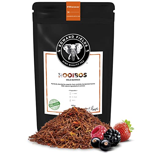 Edward Fields Tea ® - Rooibos orgánico a granel con Frutos Rojos del bosque. Infusión relajante bio sin teína recolectado a mano con ingredientes y aromas naturales y ecológicos, 100g, Sudáfrica.
