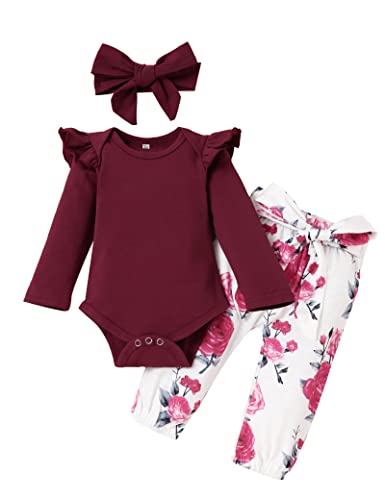 Xuefoo Infant Baby Girl Clothes Mameluco de Manga Larga Mono con Volantes Body Pantalones Florales Conjuntos con Diadema 3 Piezas Conjuntos