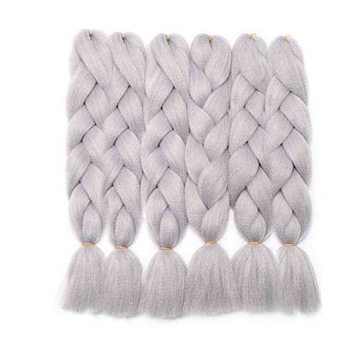 Elailite Extensiones Pelo para Trenzas Africanas Cabello Sintetico Crochet Braiding Hair Postizo Resistente al Calor 6 Piezas 60cm Gris Plata