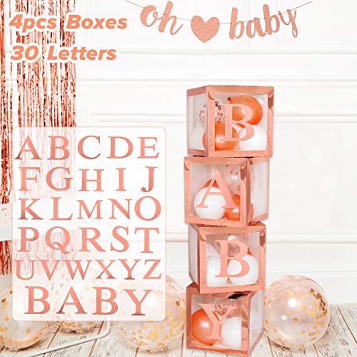 Cajas de globos para decoración de baby shower - 4 piezas de cajas transparentes de oro rosa con 30 letras BABY + A-Z para baby shower, combinación de nombres de bricolaje, fiesta de cumpleaños