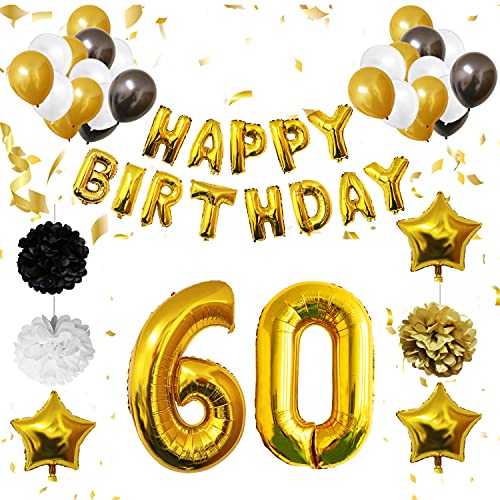 BELLE VOUS Decoración Cumpleaños # 60 con Globos (Pack de 26) Set Banderín Globos Aluminio Reutilizables Happy Birthday - Globos Cumpleaños Negro, Blanco y Dorado y Pompones