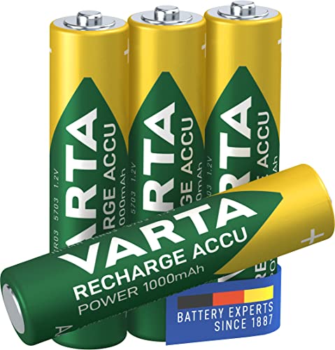 Varta Pila precargada AAA Micro de Ni-Mh Rechargeable Ready2Use (paquete de 4 unidades, 1000 mAh), recargable sin efecto de memoria - Listo para usar, verde y pleateado