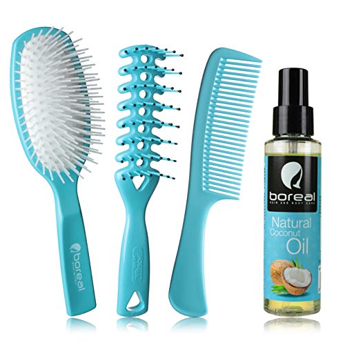 Spray aceite de coco para el cabello. Protector solar para el cabello. Set de playa para cuidado del cabello: 100 ml de aceite de coco, cepillo neumático, cepillo desenredante, peine. HECHO EN ITALIA