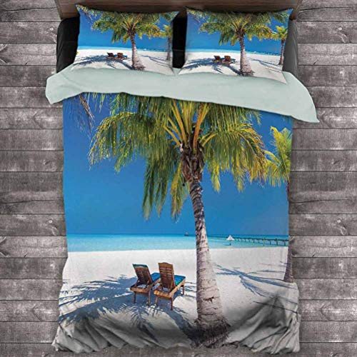 Playa Hotel Lujo Ropa de cama Isla Tropical con Palmeras Tumbonas Paraíso Relajación Verano Imagen Poliéster - Suave y Transpirable (Completo) Verde Azul Blanco