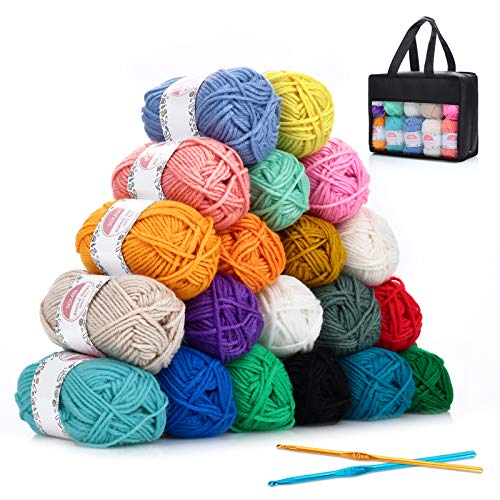 SOLEDI Hilo para Tejer a Crochet, Lana para Tejer, con Kit de Ganchillos Crochet y Bolsa Organizadora, Perfecto para DIY y Tejido a Mano (20 colores * 25g)