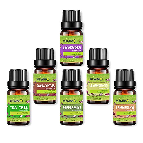 KIUNO Juego de aceites esenciales de aromaterapia 100% puros de grado terapéutico – lavanda, menta, limón, árbol de té, eucalipto, aceites difusores de incienso, 6 unidades – 10 ml