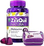 ZzzQuil Natura Complemento alimenticio para dormir, a base de melatonina para dormir y extractos de lavanda, valeriana y camomila, 72 gummies + Cajita de viaje