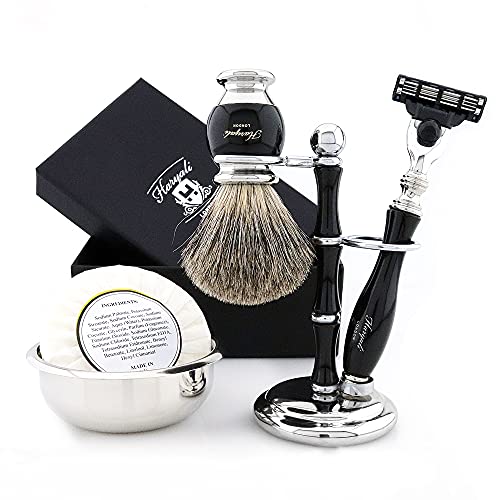 Set de regalo de afeitar para hombre con brocha de afeitar Badger - Navaja de afeitar de 3 cuchillas con jabón de afeitar y tazón de afeitar- Shaving Kit