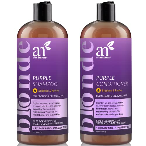 Juego de champú y acondicionador púrpura de ArtNaturals, protege, equilibra y tonifica, para cabello blanqueado, teñido, plateado y rubio, 2 botes de 473 ml