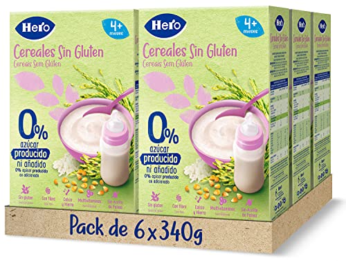 Hero Baby Papillas de Cereales sin Gluten y sin Azúcares Añadidos - Para Bebés a Partir de los 4 Meses - Pack de 6 x 340 g