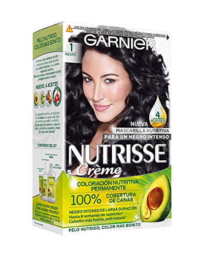 Garnier Nutrisse Creme Coloración Nutritiva Permanente, Tinte 100% Cobertura de Canas con Mascarilla Nutritiva de 4 Aceites - Tono 1 Negro