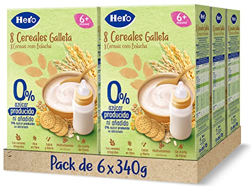 Hero Baby - Papilla de 8 Cereales con Galleta sin Azúcares Añadidos, para Bebés a Partir de los 6 Meses - Pack de 6 x 340 g