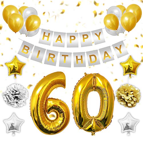 BELLE VOUS 60 Cumpleaños Decoración - 60 Números Dorados Globos, Happy Birthday Pancarta, Dorados y Plata Globos de Latex, Globos de Estrella, Pom Poms para Hombre Mujer