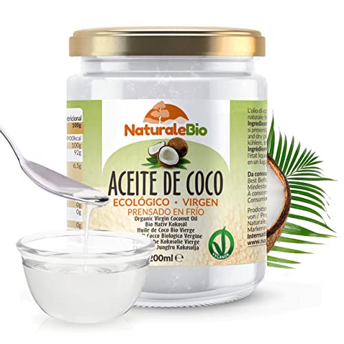 Aceite de Coco Ecológico Virgen 200 ml. Crudo y prensado en frío. Orgánico y Natural. Aceite Bio nativo no refinado. País de origen Sri Lanka. NaturaleBio