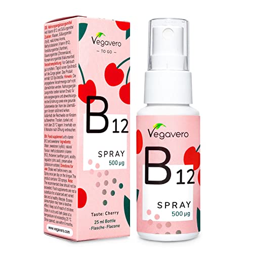 Vitamina B12 Vegan Spray Vegavero® | 500 mcg | Sabor a Cereza Natural | Metilcobalamina Líquida y Sublingual | Testado en Laboratorio | 25 ml
