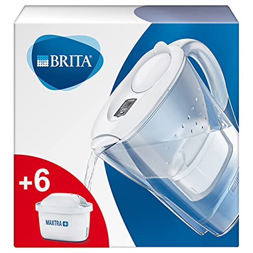BRITA Marella blanca Pack Ahorro – Jarra de Agua Filtrada con 6 cartuchos MAXTRA+, Filtro de agua BRITA que reduce la cal y el cloro, Agua filtrada para un sabor óptimo, 2.4L
