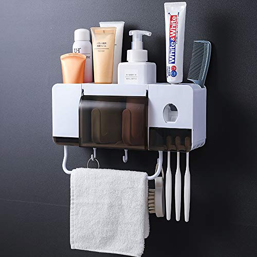 ChangMi dispensador automático de pasta de dientes y soporte para cepillo de dientes, organizador multifuncional para ahorrar espacio en el cuarto de baño , cubierta a prueba de polvo y toalla