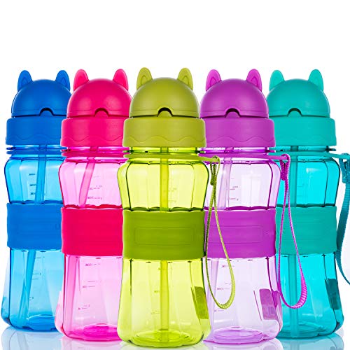 Botella de Agua Niños y Niñas 300 ml Sin BPA Botella de Agua Deporte con Pajita y Correa para Infantil, Escuela, Corrida, Senderismo y Actividades al Aire (Púrpura)