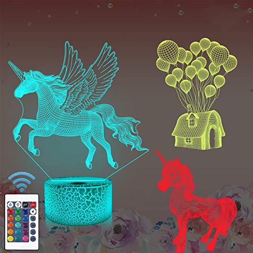 Regalo unicornio, luz nocturna unicornio 3D para niños (3 diseños) con control remoto, función regulable de 16 colores