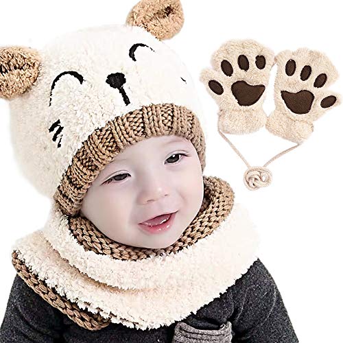 Gifort Warm Kids Knitted Hat Gorra Unisex Bufanda Set 3 Piezas con Blanco