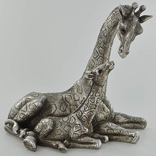 Prezents.com Madre y bebé jirafa antigua escultura de plata hermosa decoración del hogar o idea de regalo H14,5 cm
