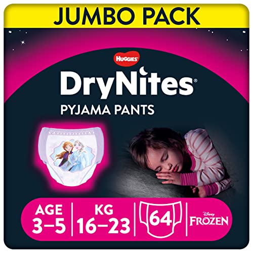 Huggies DryNites Braguitas absorbentes Niña 3-5 años (16-23 kg), 4 paquetes x 16 uds (64 unidades)