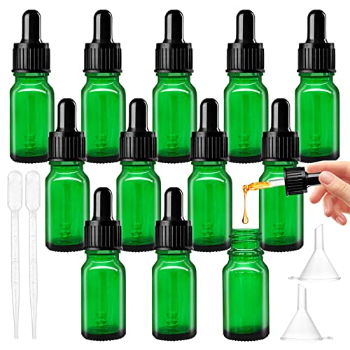Frasco gotero verde con gotero de vidrio de pipeta, frasco de vidrio de 10 ml con gotero para aceites esenciales, perfumes, mezclas de aromaterapia - 12 piezas