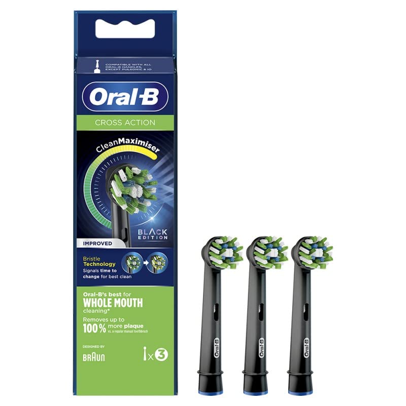 Oral-B CrossAction - Cabezales de repuesto para cepillo de dientes eléctrico, edición negra, con tecnología CleanMaximiser, paquete de 3 unidades