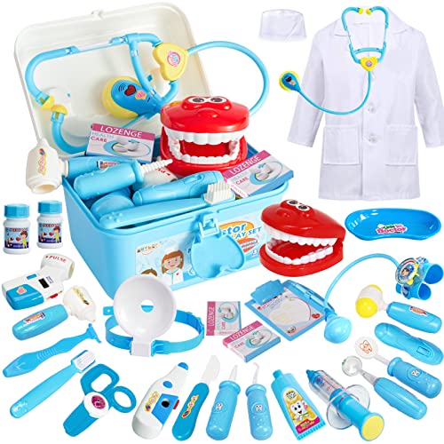 BUYGER 3 en 1 Maletin Doctora Juguetes Medicos Dentista Enfermera Disfraz Kit Doctor Accesorios Juego de rol Regalos para Niñas Ninos 3 4 5 6 Años (Azul)