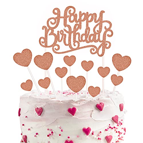 Decoración para Tarta de Oro Rosa, Topper Feliz Cumpleaños,Corazones Cake Cupcake Topper, para Boda, Aniversario, Fiesta de Cumpleaños, Decoración del Hogar, Etc (14 Piezas)