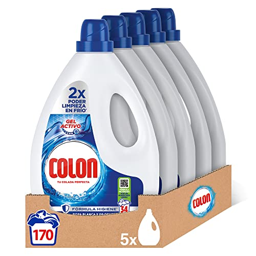 Colon Gel Activo - Detergente para lavadora líquido, fórmula higiene, adecuado para ropa blanca y de color, formato gel - pack de 5, hasta 170 dosis