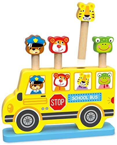 woody treasures Autobús con Animales Que Saltan - Juguete de Madera Montessori para 2 Años o Menos - Juego Educativo para el Desarrollo de Habilidades, Gran Regalo para Niñas y Niños