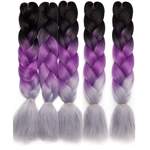5PCS/500G Trenza de cabello Extensiones de cabello de trenzado 4 tonos Trenzas de ganchillo retorcidas Braiding Twist Hair Extensions Negro a púrpura a gris plateado