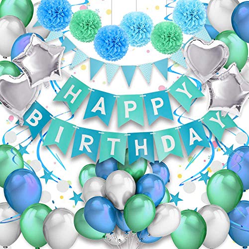 PushingBest decoración cumpleaños, 6 pañuelo de Papel, Pompones 30PCS Globos de látex (10 Piezas x Azul/Verde/Blanco).