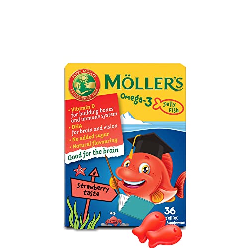 Moller’s ® | Omega 3 para niños | Omega 3 Cápsulas de Aceite de Pescado con Ácidos Grasos Omega 3 de Aceite de Pescado | Con DHA y EPA, Sin Gluten, Sin Lactosa, Sin Azucares Añadidos | Fresa | 36 Uds
