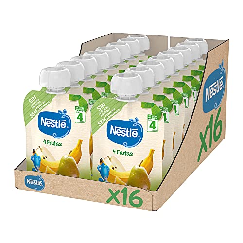 Nestlé Bolsita de puré de frutas, variedad 4 Frutas - Para bebés a partir de 4 meses - Paquete de 16 bolsitasx90g