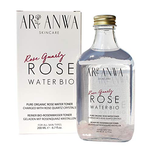 Auténtico spray de agua de rosas con cristales de cuarzo rosa – ARI ANWA Skincare – 100% puro & natural en botella de cristal – contra impurezas de piel, contra grúas, poros grandes y ojeras