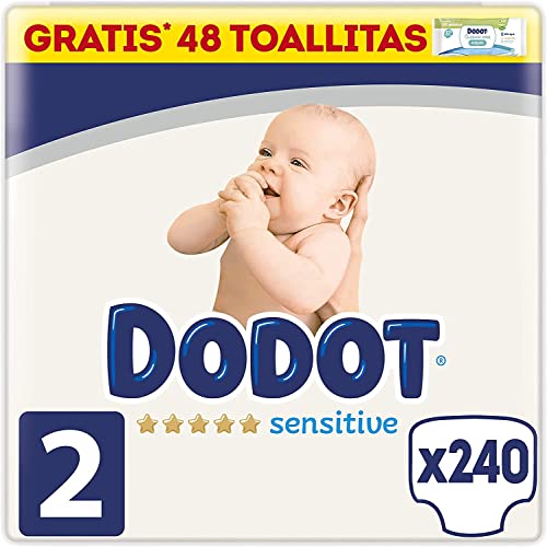 Dodot Pañales Bebé Sensitive Talla 2 (4-8 kg), 240 Pañales + 1 Pack de 48 Toallitas Gratis Cuidado Total Aqua, Óptima Protección de la Piel de Dodot, Pack Mensual
