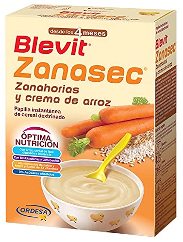 Blevit Zanasec - Papilla de Cereales para bebé con Crema de Arroz y Zanahorias - Sin Gluten y Sin Azúcares Añadidos - Facilita la digestión - Desde los 4 meses - 300g