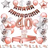 MMTX Globos De Cumpleaños 40 Años Feliz Cumpleaños Decoracion Regalo 40 Regalos Cumpleaños Mujer Oro Rosa con Guirnalda Banner De Cumpleaños para Fiesta,Manteles,Confetti,Globos de Látex Impresos